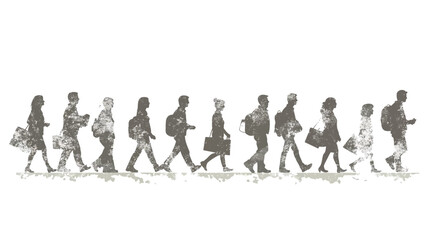 The image is a horizontal composition showing a series of grayscale silhouettes walking in a common direction. The figures are rendered in monochrome tones.