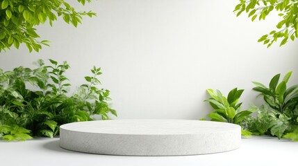 Stone Platform Lush Greenery Minimalist Style High-Resolution Lighting Top-Down View Textured Surface Product Display White Wall Natural Green Tones Ideal for Branding Campaigns