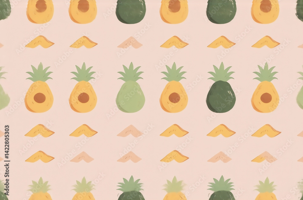 Leinwandbilder a cheerful repeating pattern featuring halved pineapples and avocados on a soft pink background. sma