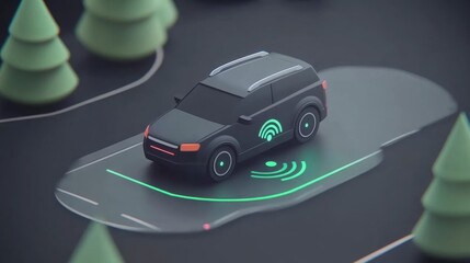 Black Low Poly Car with Wifi Symbol on Dark Background