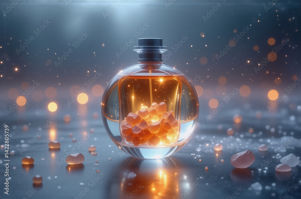 Poster a mystical glass orb bottle containing glowing orange crystals rests on a reflective surface, surrou