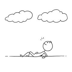 Stick figure lying down, looking at the clouds, enjoying the peaceful sky.