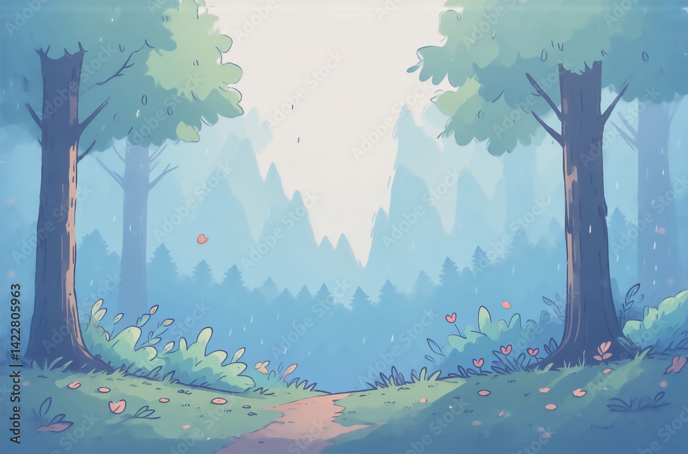 Poster serene forest path leading into a misty mountain range. soft, pastel colors create a dreamy, avatar-