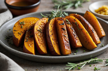 Roasted pumpkin slices with herbs on a plate. Healthy vegetarian food.