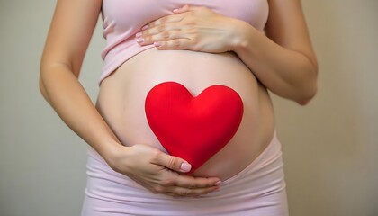 Happy mother expecting a baby. A young pregnant woman with a cute bare belly button holding a red paper heart. Cropped shot, close up. Pregnancy, motherhood, love,created with generative ai