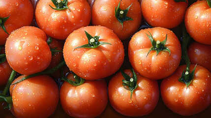 Freshly harvested ripe tomatoes glistening with water droplets in a vibrant display