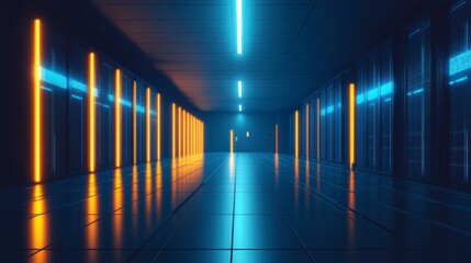 Abstract Futuristic Server Room with Glowing Neon Lights