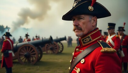 FACE Soldier in historical uniform on battlefield. Napoleonic Wars reenactment. Man in red coat and hat. Wartime scene with smoke and cannon. Military history concept, created with generative ai