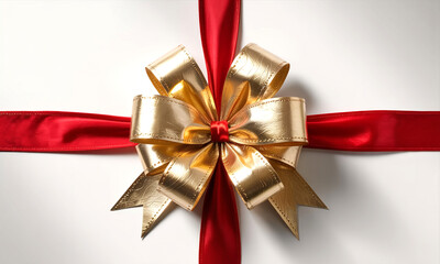 Beautiful gold bow and red ribbon on white background for christmas gift or birthday present wrapping idea