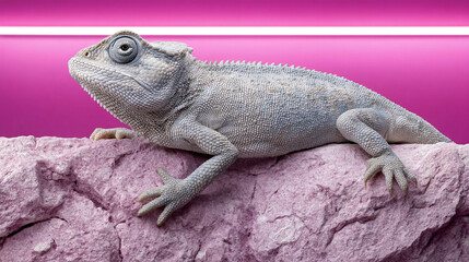 Obraz premium bearded dragon lizard resting textured rock surface, illuminated by vibrant pink neon lights background, creating striking contrast. lizard scales and features are highlighted, showcasing its