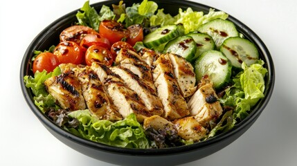 A fresh chicken salad bowl with mixed greens, grilled chicken slices, cherry tomatoes, cucumber, and balsamic dressing.