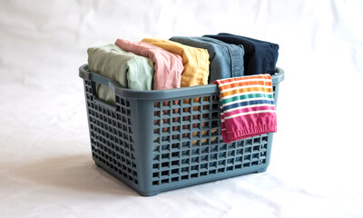 Laundry basket full of colorful clothes folded neatly for washing or storage home organization idea