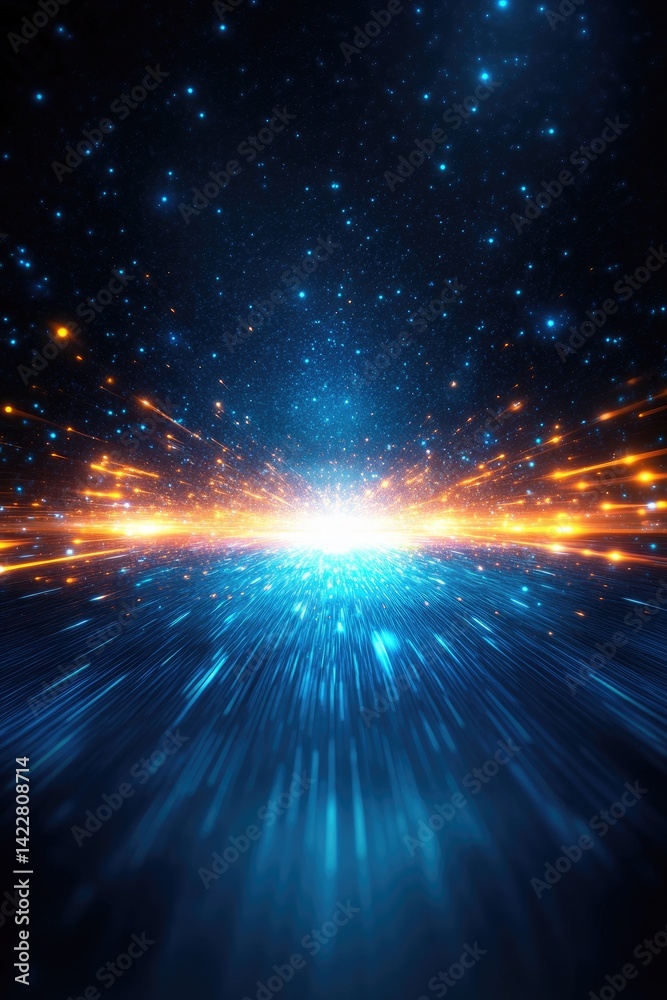 Poster vibrant blue and orange light particles in cosmic digital render creating depth and motion towards a