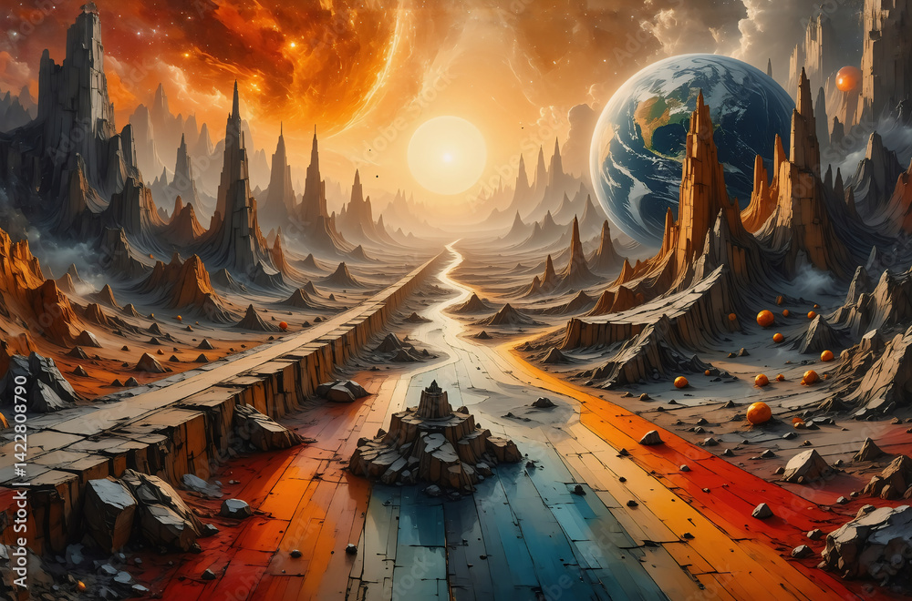 Poster a surreal vista of a celestial landscape with a pathway leading towards a bright sun, flanked by tow