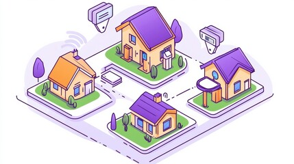 Fototapeta premium Isometric Illustration of a Smart Neighborhood with Colorful Houses and Wireless Technology