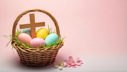 happy easter celebration holiday, christian greeting card - Basket filled with colored easter eggs and wooden cross, isolated on pastel bright background, created with generative ai