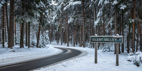 Silent valley winter road trip: snowy forest landscape and travel destination photography adventure scene