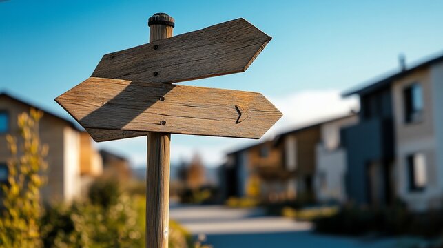 Navigating life's choices a weathered signpost guiding towards new paths, opportunities, and personal growth in residential area
