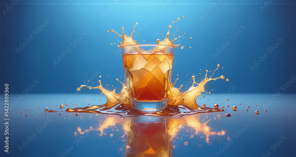 Poster A vibrant drink splashing outwards from a glass, creating a dramatic display. Hints of refreshing coolness and refreshing energy burst with every drop of liquid. The backdrop complements the colors wi