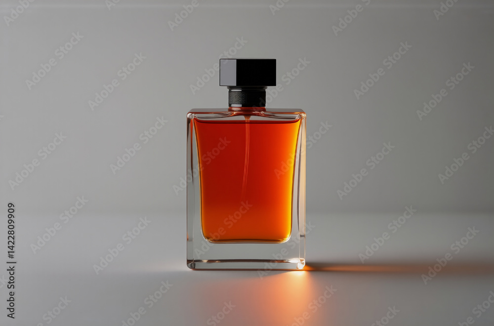 Poster a rectangular glass perfume bottle with amber liquid and a black cap sits on a light grey surface, i