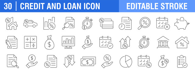 Collection of loan and credit icons. Installment, payment, house, car. Vector design template, signs, symbols, editable stroke.