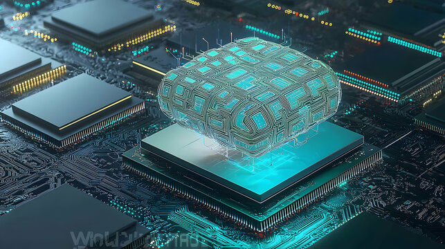 brain made of circuitry and light floating above a tech pedestal 