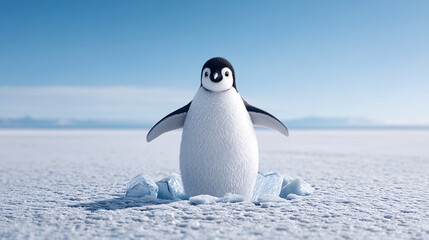 Obraz premium Cute penguin standing on ice, surrounded by shattered ice blocks, showcasing playful and energetic demeanor in bright, icy landscape