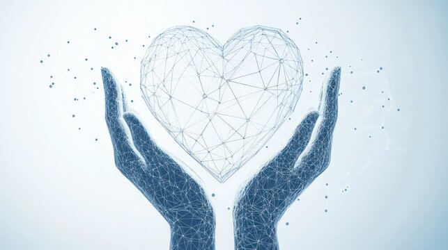 Digital heart held in virtual hands, symbolising love, care, or technological connection