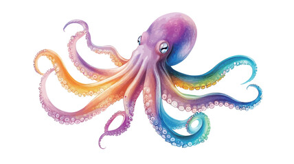 A digitally rendered illustration of an octopus, rendered in vibrant rainbow colors. The octopus is rendered against a solid white background, creating a high-contrast image.