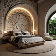 Ultra realistic  photo of Modern take on upscale bali inspired small condo white cream stone, light wood round arches interor view of dark bedroom © jamalan