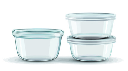 A digitally rendered image showcasing three transparent glass food storage containers with slightly rounded, square bases and opaque white lids. Two containers are stacked, with one container