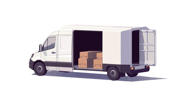 A rear three-quarter view of a white delivery van with its rear doors open, revealing a partial view of several cardboard boxes within the cargo area.  The van is rendered in a low-polygonal style,