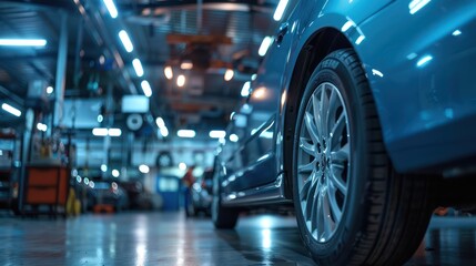 Car with parts being replaced in an auto repair shop.