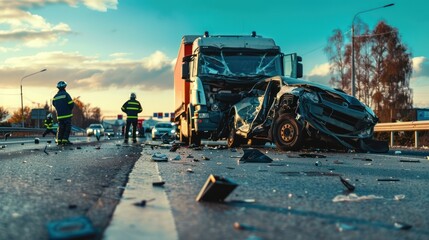 Police investigating a truck and car accident on a busy road.