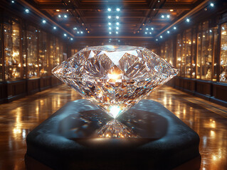 A luxurious giant diamond showcased at the center of an elegant jewelry gallery. The intricate cut and brilliant reflections highlight its unparalleled craftsmanship