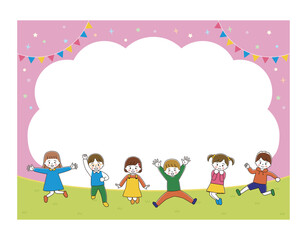 ジャンプする子どもたちのイラストフレーム　ピンク　横長