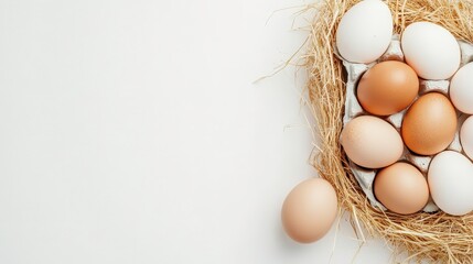 Fresh Farm Eggs Nestled in Straw on White Background
