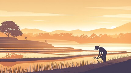 Fototapeta premium Golden Hour Rice Paddy Farmer
