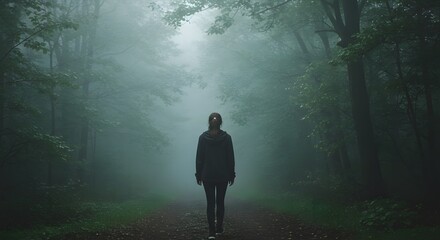 Woman Standing in Misty Forest, HD Stock Photography for Website