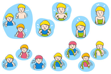 プールで泳いだり運動するシニアのイラストセット