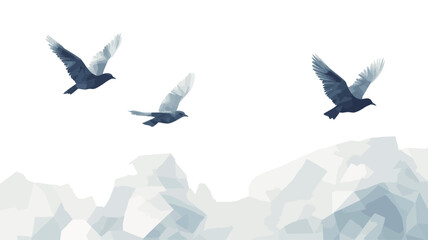 The painting shows three stylized doves flying through the air against a softly rendered misty mountain range in the background. The birds are depicted in a bluish-grey,