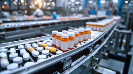Fototapeta premium Conveyor belts transporting packaged medications in a drug manufacturing plant.