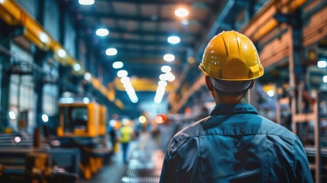 Workers operating heavy machinery in an industrial manufacturing plant.