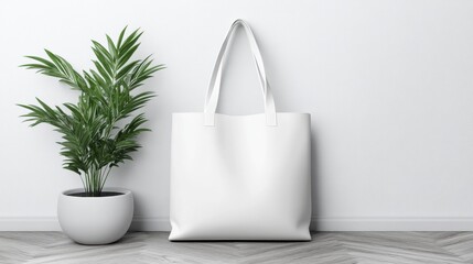 White Tote Bag Mockup with Potted Plant Against Textured White Wall