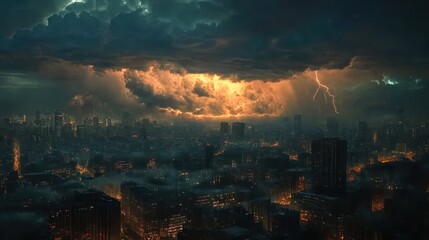 Obraz premium Dramatic urban landscape with a thunderstorm illuminating a cityscape at night