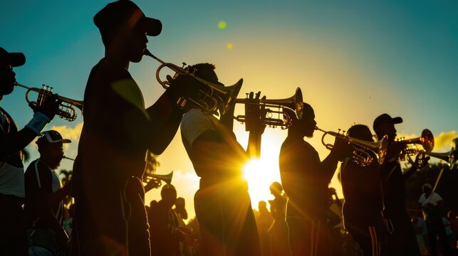 Silhouette of a marching band performing at a Juneteenth parade.