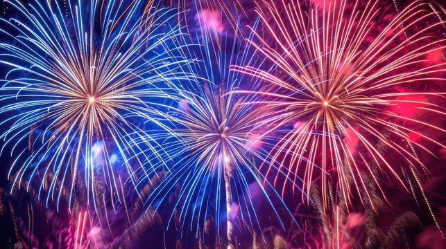 Close-up of fireworks bursting in red, white, and blue colors.