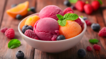 Bowl of colorful fruit sorbet with fresh berries