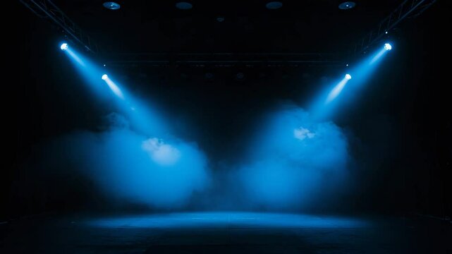 Abstract white spot light with smoke, Dark atmospheric stage, blue spotlights, hazy smoke