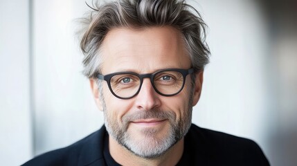 Mid-aged man with glasses and a light gray hairstyle